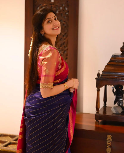 Blue & Red Banarasi Soft Silk Saree with Gold Zari Weaving
