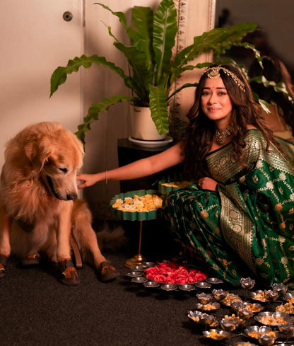 Emerald Green Banarasi Soft Silk Saree for Wedding & Festive Wear