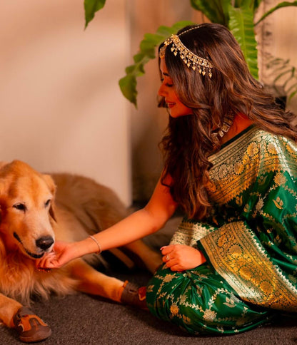 Emerald Green Banarasi Soft Silk Saree for Wedding & Festive Wear