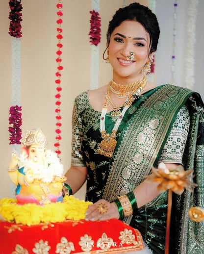 Emerald Green Banarasi Soft Silk Saree for Wedding & Festive Wear