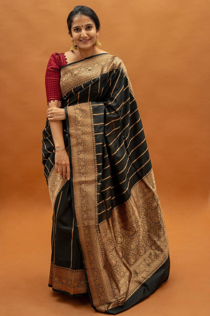 Classic Black Banarasi Soft Silk Saree with Golden Zari Border for Festive Wear
