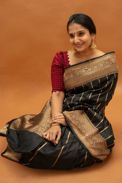 Classic Black Banarasi Soft Silk Saree with Golden Zari Border for Festive Wear