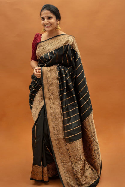 Classic Black Banarasi Soft Silk Saree with Golden Zari Border for Festive Wear