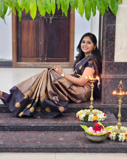 Midnight Black Banarasi Soft Silk Saree with Antique Gold Zari Weaving