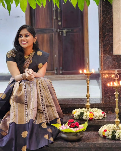 Midnight Black Banarasi Soft Silk Saree with Antique Gold Zari Weaving