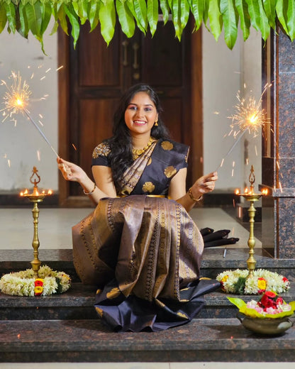 Midnight Black Banarasi Soft Silk Saree with Antique Gold Zari Weaving