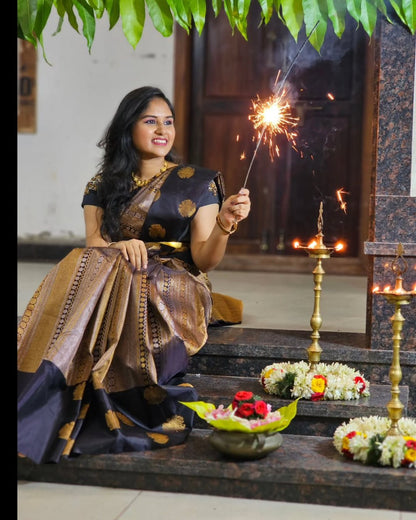 Midnight Black Banarasi Soft Silk Saree with Antique Gold Zari Weaving