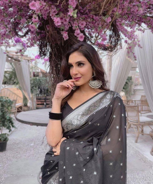 Elegant Black Banarasi Soft Silk Saree with Silver Zari Border for Party Wear