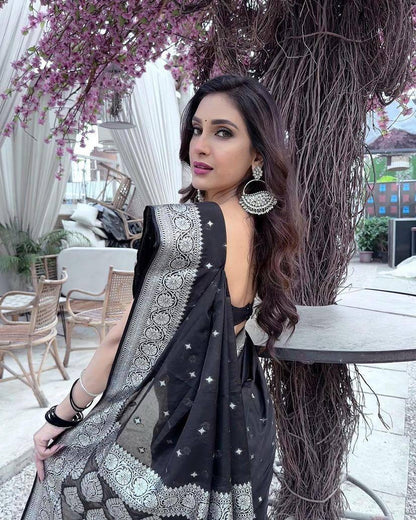 Elegant Black Banarasi Soft Silk Saree with Silver Zari Border for Party Wear
