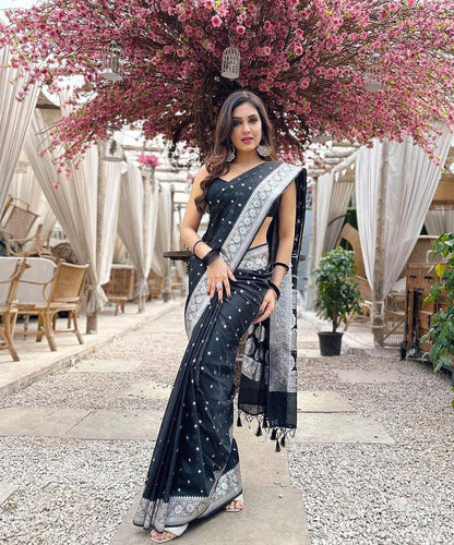 Elegant Black Banarasi Soft Silk Saree with Silver Zari Border for Party Wear