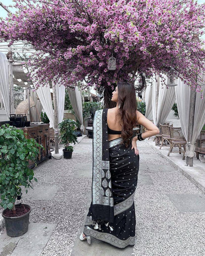 Elegant Black Banarasi Soft Silk Saree with Silver Zari Border for Party Wear