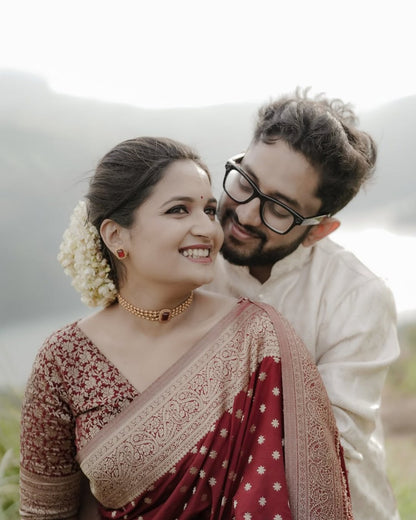 Crimson Red Banarasi Soft Silk Saree with Golden Border