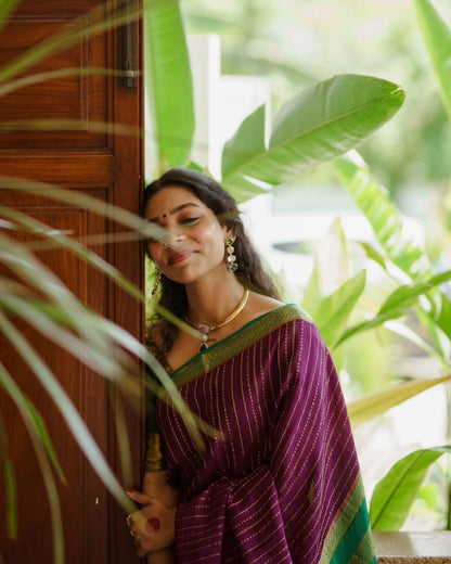 Purple Green Banarasi Soft Silk Saree with Golden Zari Stripes for Festive Wear