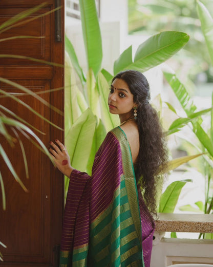 Purple Green Banarasi Soft Silk Saree with Golden Zari Stripes for Festive Wear