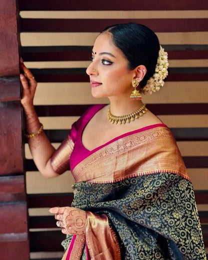 Regal Bloom Banarasi Soft Silk Saree with Gold Zari Floral Weaving