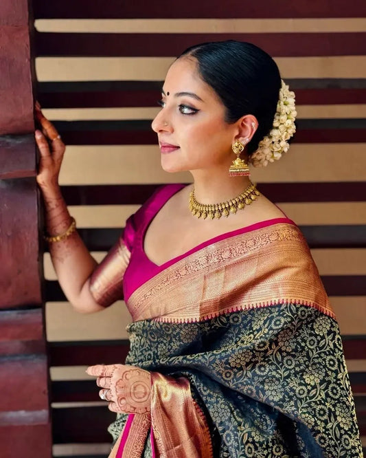 Regal Bloom Banarasi Soft Silk Saree with Gold Zari Floral Weaving