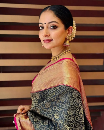 Regal Bloom Banarasi Soft Silk Saree with Gold Zari Floral Weaving