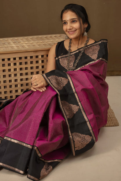 Majestic Fuchsia Banarasi Soft Silk Saree with Black Zari Border Detailing