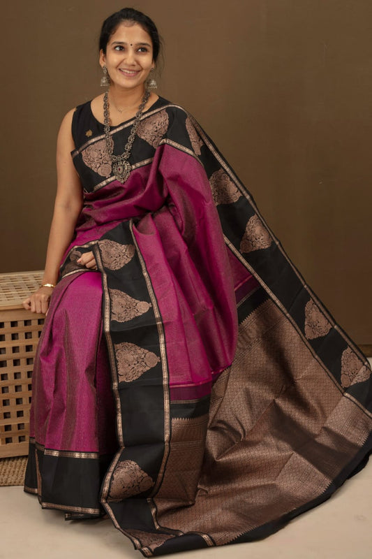 Majestic Fuchsia Banarasi Soft Silk Saree with Black Zari Border Detailing