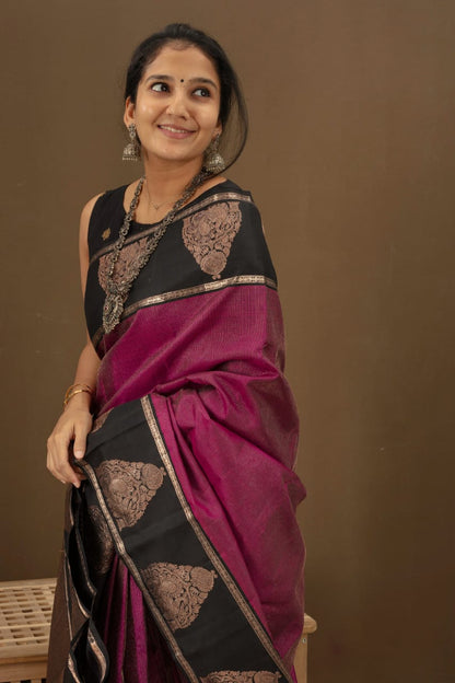 Majestic Fuchsia Banarasi Soft Silk Saree with Black Zari Border Detailing