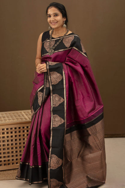Majestic Fuchsia Banarasi Soft Silk Saree with Black Zari Border Detailing