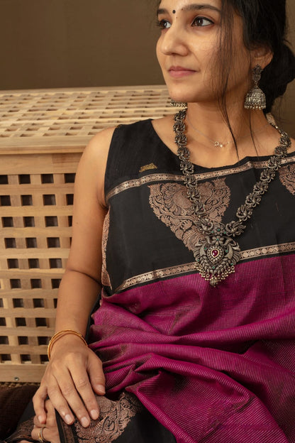 Majestic Fuchsia Banarasi Soft Silk Saree with Black Zari Border Detailing