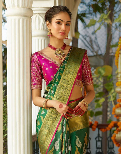 Emerald Royale Banarasi Soft Silk Saree with Rich Golden Zari Weaving