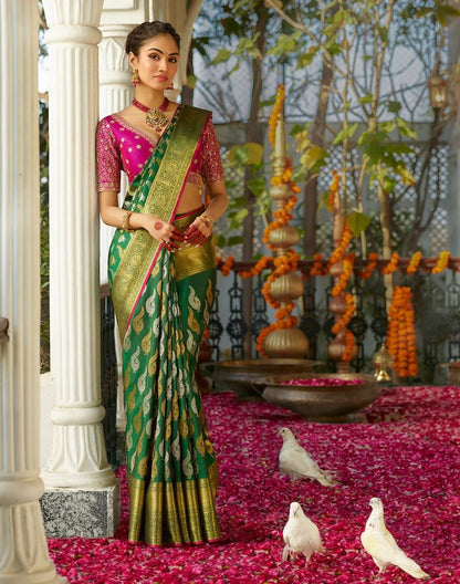 Emerald Royale Banarasi Soft Silk Saree with Rich Golden Zari Weaving