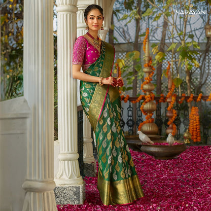 Emerald Royale Banarasi Soft Silk Saree with Rich Golden Zari Weaving