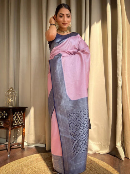 Blush Majesty Banarasi Soft Silk Saree with Charcoal Zari Border