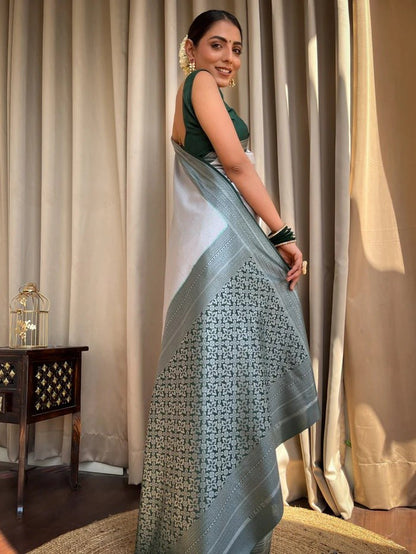 Blush Majesty Banarasi Soft Silk Saree with Charcoal Zari Border