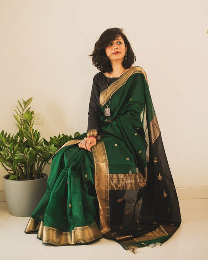 Emerald Aura Banarasi Soft Silk Saree with Antique Gold Zari Border