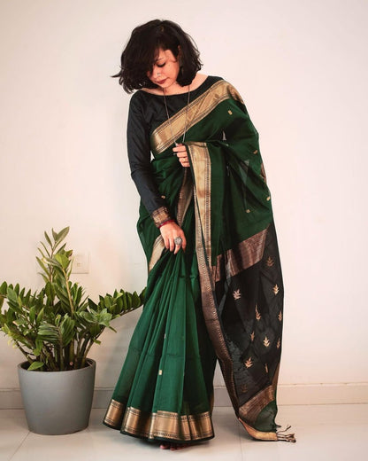Emerald Aura Banarasi Soft Silk Saree with Antique Gold Zari Border