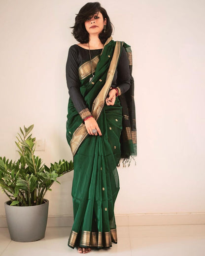 Emerald Aura Banarasi Soft Silk Saree with Antique Gold Zari Border