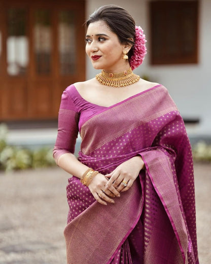 Magenta Muse Banarasi Soft Silk Saree with Subtle Golden Zari Detailing