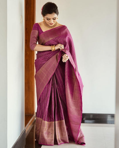 Magenta Muse Banarasi Soft Silk Saree with Subtle Golden Zari Detailing