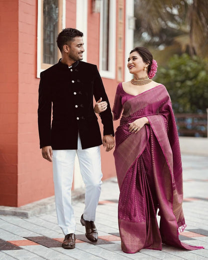 Magenta Muse Banarasi Soft Silk Saree with Subtle Golden Zari Detailing