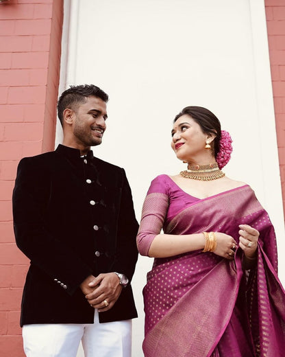 Magenta Muse Banarasi Soft Silk Saree with Subtle Golden Zari Detailing