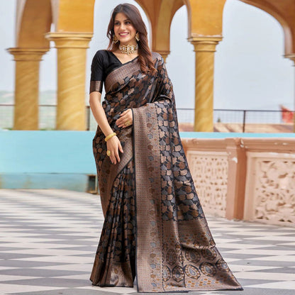 Noir Luxe Banarasi Soft Silk Saree with Dual-Tone Copper Zari Weaving