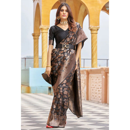 Noir Luxe Banarasi Soft Silk Saree with Dual-Tone Copper Zari Weaving