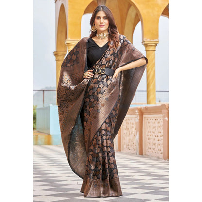 Noir Luxe Banarasi Soft Silk Saree with Dual-Tone Copper Zari Weaving