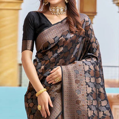 Noir Luxe Banarasi Soft Silk Saree with Dual-Tone Copper Zari Weaving