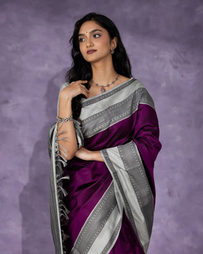 Lavender Majesty Banarasi Soft Silk Saree with Silver Zari Border