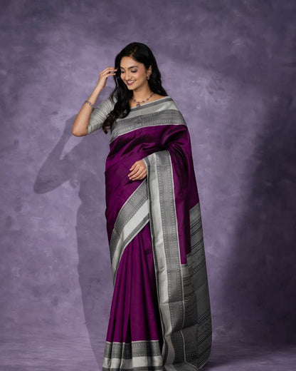 Lavender Majesty Banarasi Soft Silk Saree with Silver Zari Border