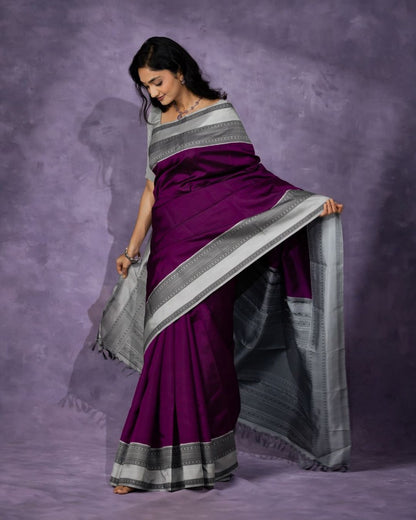 Lavender Majesty Banarasi Soft Silk Saree with Silver Zari Border