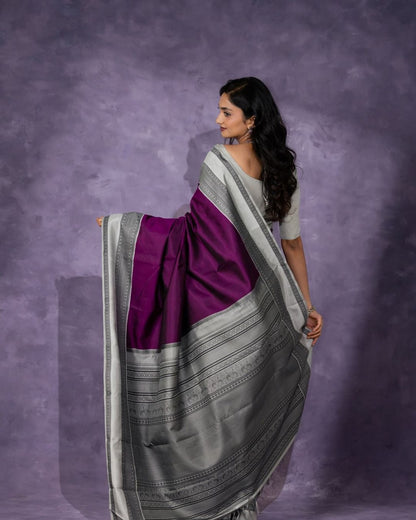 Lavender Majesty Banarasi Soft Silk Saree with Silver Zari Border