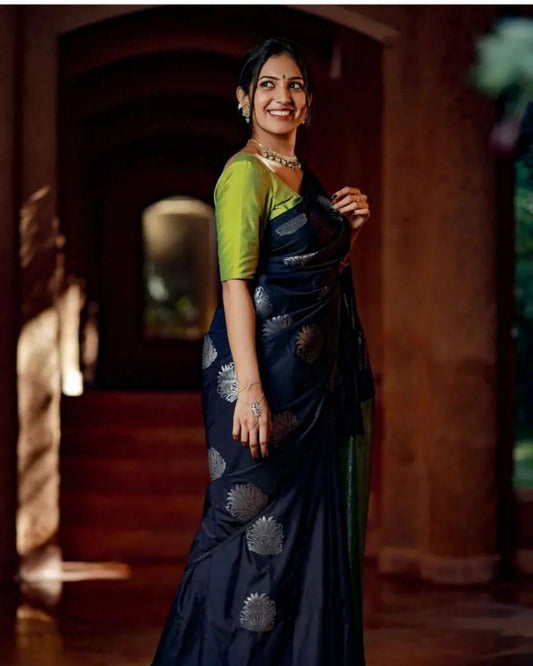 Midnight Charm Banarasi Soft Silk Saree with Lime Green Contrast Pallu