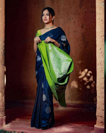 Midnight Charm Banarasi Soft Silk Saree with Lime Green Contrast Pallu