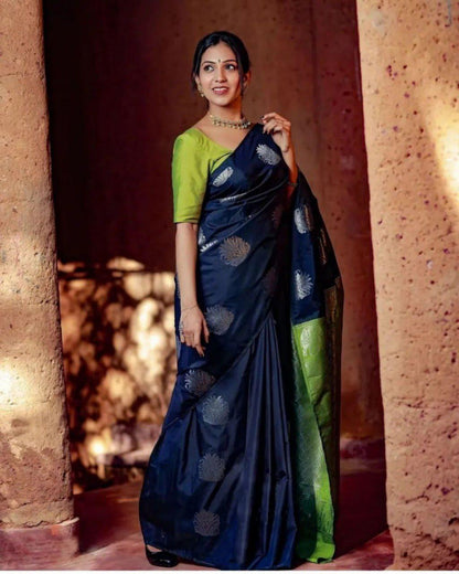 Midnight Charm Banarasi Soft Silk Saree with Lime Green Contrast Pallu