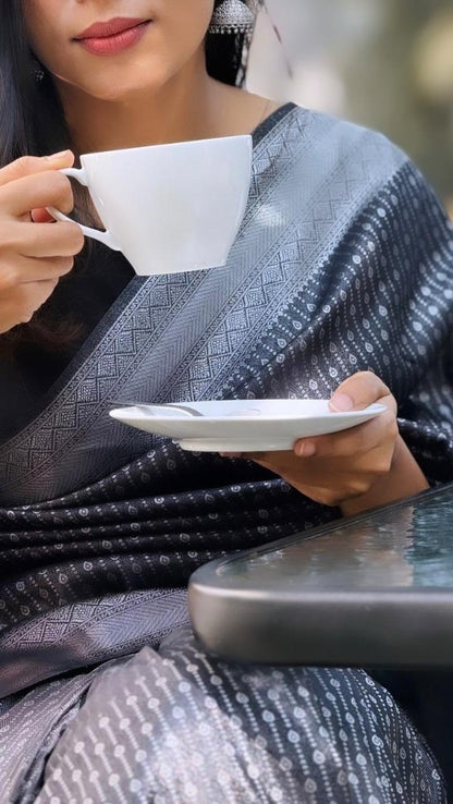 Silver Noir Banarasi Soft Silk Saree with Metallic Weave Detailing